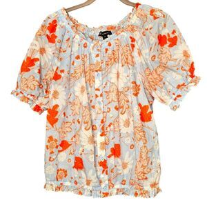 NFS INC Gathered Neckline Button Front Cinched Waiste Puff Statement Sleeves  M